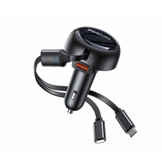 شاحن السيارة Yesido Y61 المتطور بقدرة 53 واط - مزود بكابلات Type-C و Lightning قابلة للسحب ومنفذ USB