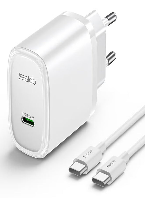 شاحن سريع بمنفذ USB-C / Type-C من Yesido YC57C PD 20 وات مع كابل من النوع C إلى النوع C، قابس الاتحاد الأوروبي