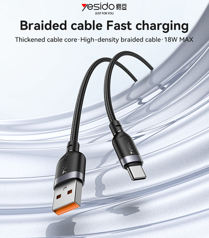 كابل يسيدو Yesido CA132C بطول 1.2 متر (USB-A إلى Type-C) بقوة 18 واط - تصميم مضفر مصفح وهيكل من سبائك الألومنيوم