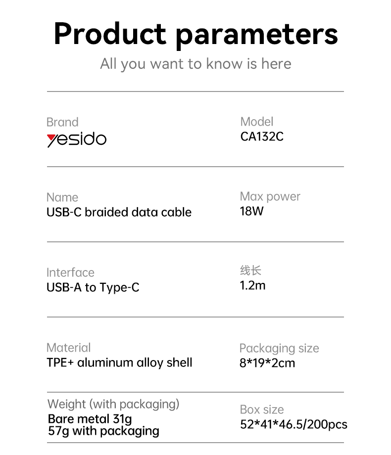 كابل يسيدو Yesido CA132C بطول 1.2 متر (USB-A إلى Type-C) بقوة 18 واط - تصميم مضفر مصفح وهيكل من سبائك الألومنيوم