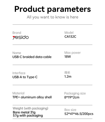كابل يسيدو Yesido CA132C بطول 1.2 متر (USB-A إلى Type-C) بقوة 18 واط - تصميم مضفر مصفح وهيكل من سبائك الألومنيوم