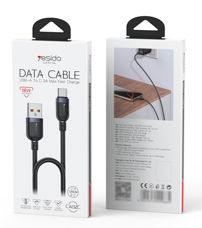 كابل يسيدو Yesido CA132C بطول 1.2 متر (USB-A إلى Type-C) بقوة 18 واط - تصميم مضفر مصفح وهيكل من سبائك الألومنيوم