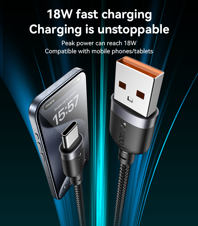 كابل يسيدو Yesido CA133C بطول 2 متر (USB-A إلى Type-C) بقوة 18 واط - تصميم مضفر مصفح وهيكل من الألومنيوم