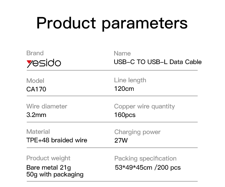 كابل يسيدو Yesido CA170 بطول 1.2 متر (Type-C إلى Lightning) بقوة 27 واط