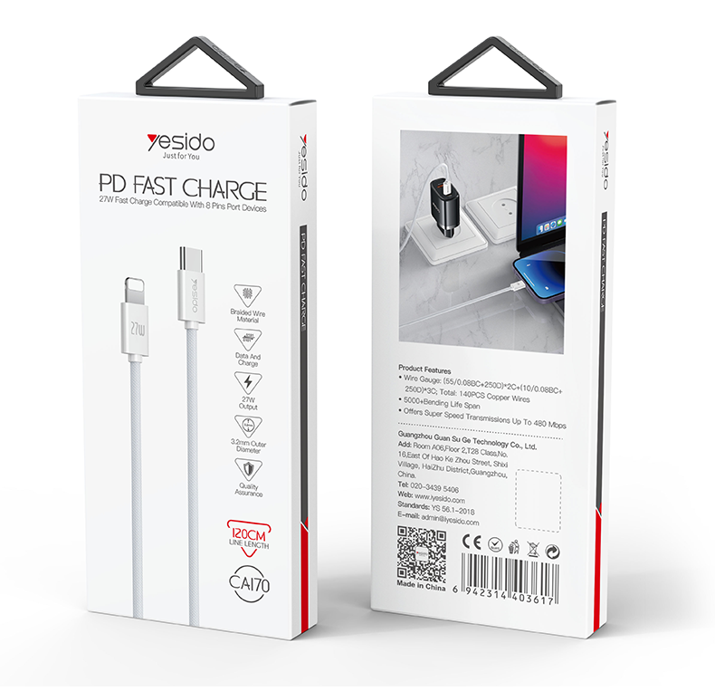 كابل يسيدو Yesido CA170 بطول 1.2 متر (Type-C إلى Lightning) بقوة 27 واط