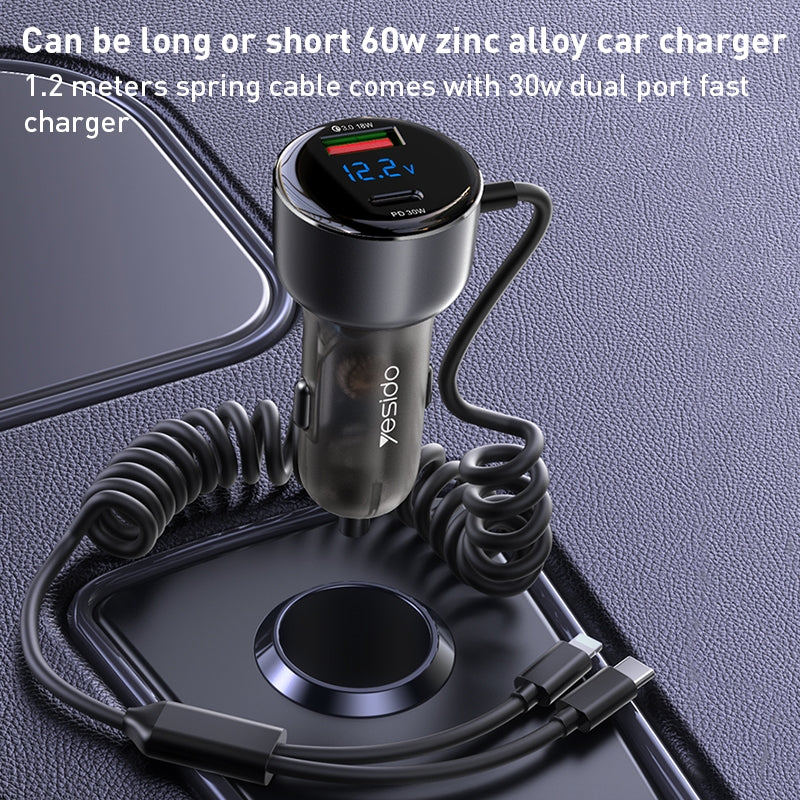 Yesido Y58 60W Fast Car Charger – Built-in Type-C & Lightning Spring Cables with Dual Charging Ports