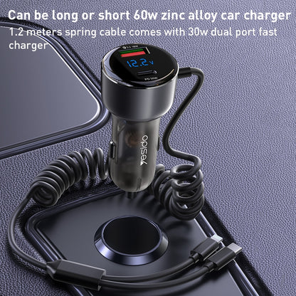Yesido Y58 60W Fast Car Charger – Built-in Type-C & Lightning Spring Cables with Dual Charging Ports