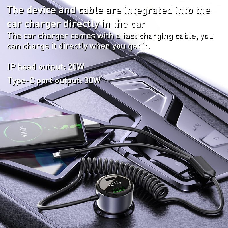 Yesido Y58 60W Fast Car Charger – Built-in Type-C & Lightning Spring Cables with Dual Charging Ports