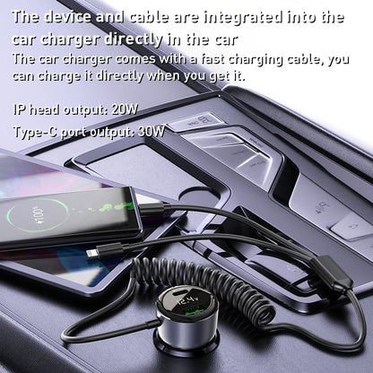 Yesido Y58 60W Fast Car Charger – Built-in Type-C & Lightning Spring Cables with Dual Charging Ports