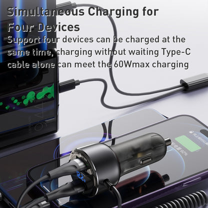 Yesido Y58 60W Fast Car Charger – Built-in Type-C & Lightning Spring Cables with Dual Charging Ports