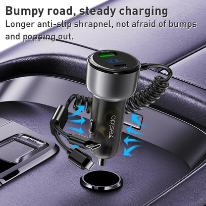 Yesido Y58 60W Fast Car Charger – Built-in Type-C & Lightning Spring Cables with Dual Charging Ports