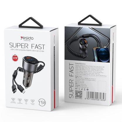 Yesido Y58 60W Fast Car Charger – Built-in Type-C & Lightning Spring Cables with Dual Charging Ports