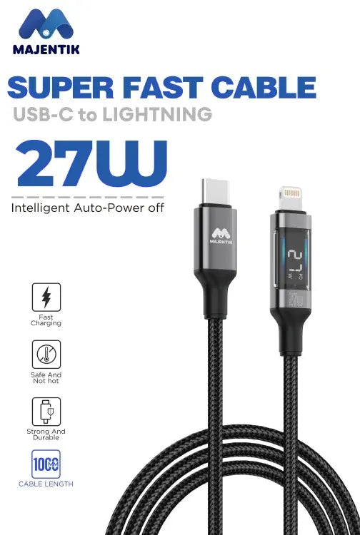 Majentik CL-020-L 27W Type-C to Lightning Fast Charging Cable with Digital Display & Auto Power-Off – Black (100cm)