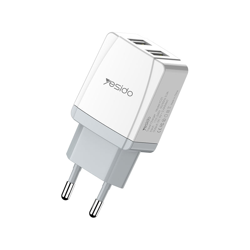 شاحن سفر Yesido YC-21 المدمج - منفذين USB لشحن جهازين معاً بأمان تام