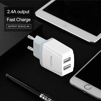 شاحن سفر Yesido YC-21 المدمج - منفذين USB لشحن جهازين معاً بأمان تام