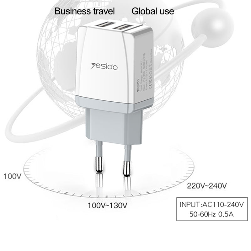 شاحن سفر Yesido YC-21 المدمج - منفذين USB لشحن جهازين معاً بأمان تام