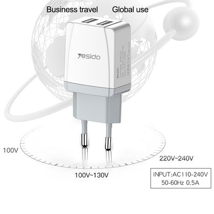 شاحن سفر Yesido YC-21 المدمج - منفذين USB لشحن جهازين معاً بأمان تام