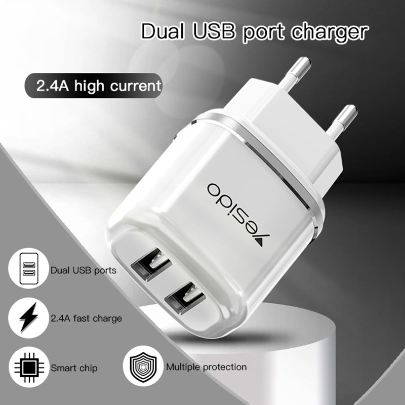 شاحن السفر Yesido YC-26 بمنفذين USB وقدرة 2.4A - يشمل كابل Micro USB