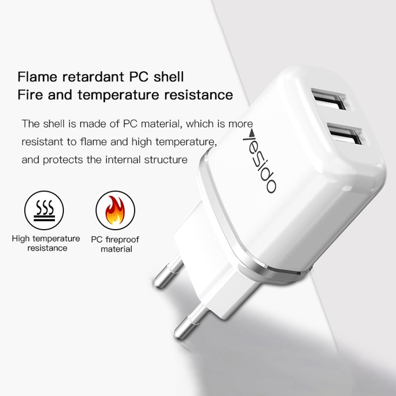 شاحن السفر Yesido YC-26 بمنفذين USB وقدرة 2.4A - يشمل كابل Micro USB