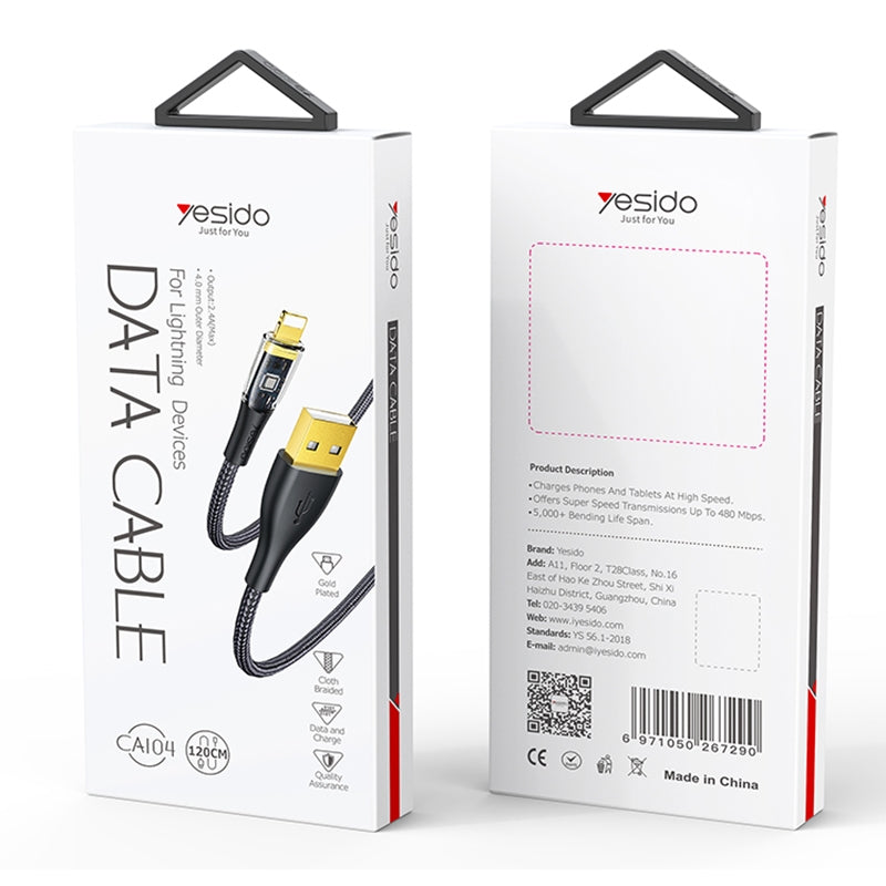 Yesido CA104 Transparent Gold Braided USB to Lightning Data Cable – 1.2m TPE+PC Protective Armor Sleeve with 2.4A Fast Charging