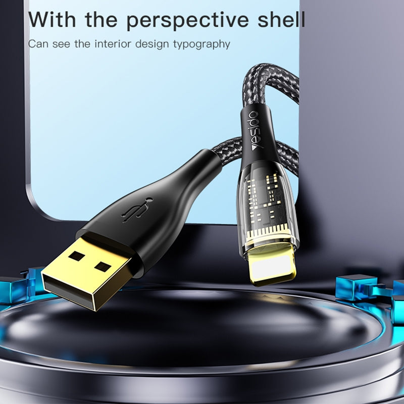 Yesido CA104 Transparent Gold Braided USB to Lightning Data Cable – 1.2m TPE+PC Protective Armor Sleeve with 2.4A Fast Charging