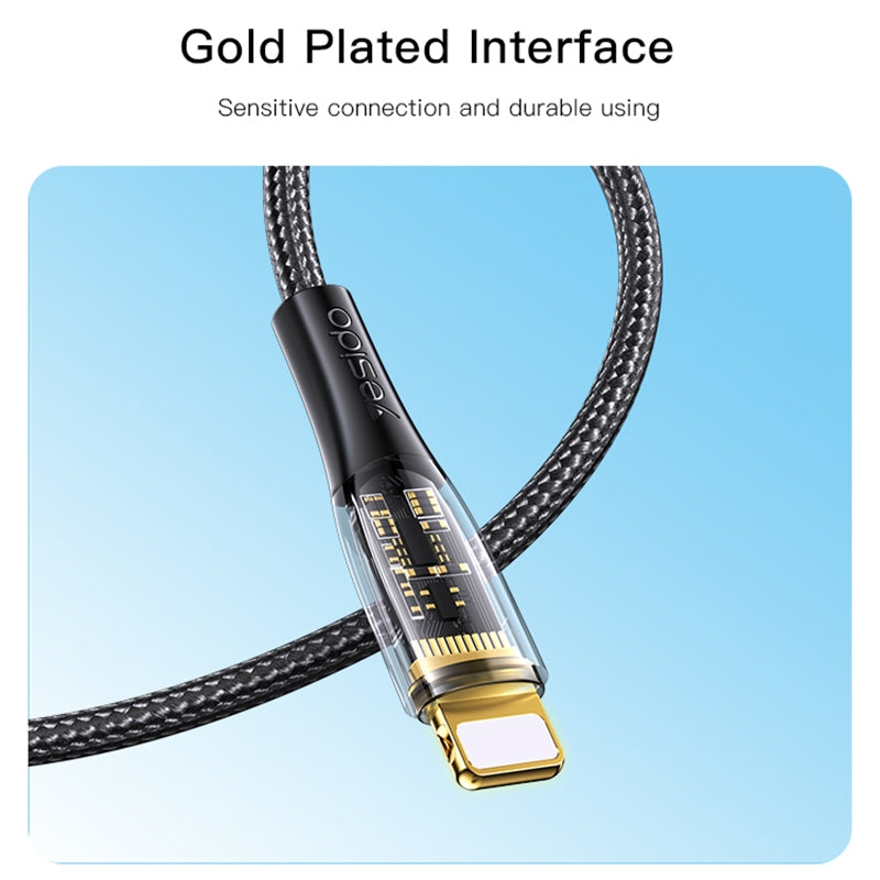 Yesido CA104 Transparent Gold Braided USB to Lightning Data Cable – 1.2m TPE+PC Protective Armor Sleeve with 2.4A Fast Charging
