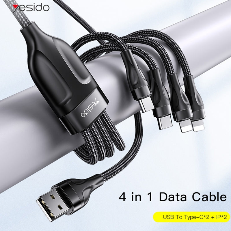 Yesido CA111 20W 4-in-1 Multi-Charging Cable – 1.2m Braided Nylon USB to Dual Lightning & Dual Type-C (4A Max)