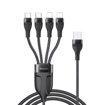 Yesido CA111 20W 4-in-1 Multi-Charging Cable – 1.2m Braided Nylon USB to Dual Lightning & Dual Type-C (4A Max)