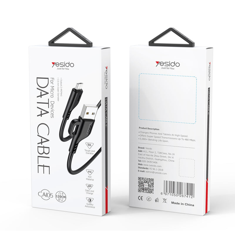 Yesido CA105 Micro USB Fast Charging Data Cable – 1.2m Ultra-Durable PVC Armor with Integrated Reinforced Joints (2.4A / 480Mbps)