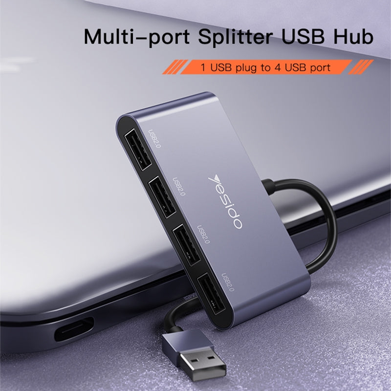 Yesido HB12 4-in-1 USB Hub Adapter – Aluminum Alloy Splitter with Quad USB 2.0 Ports, 480Mbps High-Speed Data Transfer & Plug and Play