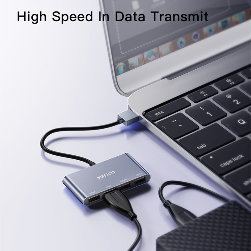 Yesido HB12 4-in-1 USB Hub Adapter – Aluminum Alloy Splitter with Quad USB 2.0 Ports, 480Mbps High-Speed Data Transfer & Plug and Play
