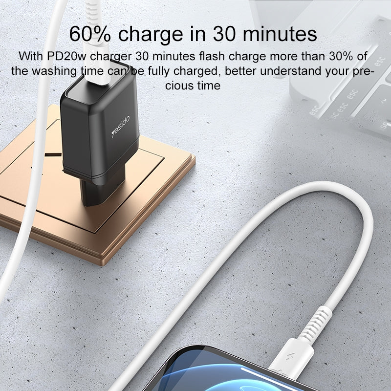 كابل يسيدو Yesido CA153 بطول 1 متر (Type-C إلى Lightning) بقوة 20 واط - تصميم مرن من مادة PVC وقالب خاص حصري