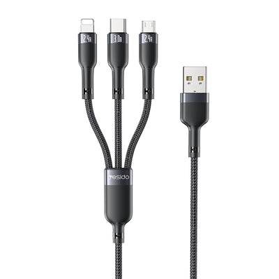 Yesido CA91 3-in-1 Multi-Charging Cable – 1.2m Heavy-Duty Braided Wire with Aluminum Alloy Shells & Lightning, Type-C, and Micro USB Ports