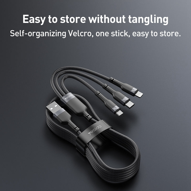 Yesido CA91 3-in-1 Multi-Charging Cable – 1.2m Heavy-Duty Braided Wire with Aluminum Alloy Shells & Lightning, Type-C, and Micro USB Ports