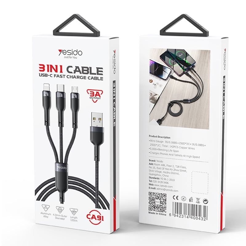 Yesido CA91 3-in-1 Multi-Charging Cable – 1.2m Heavy-Duty Braided Wire with Aluminum Alloy Shells & Lightning, Type-C, and Micro USB Ports