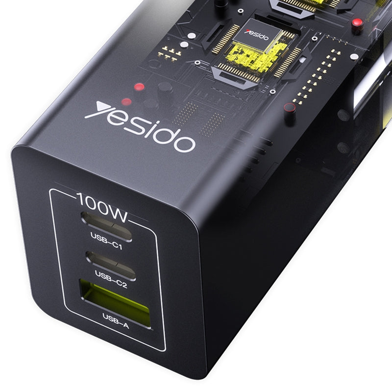 Yesido YC58 100W GaN Desktop Charger – 3 Ports (2x Type-C + USB) with Integrated AC Socket