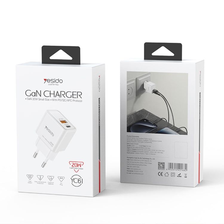 شاحن Yesido YC61 الذكي بقوة 20 واط - تقنية GaN المتقدمة بمنفذين (USB-A + Type-C)