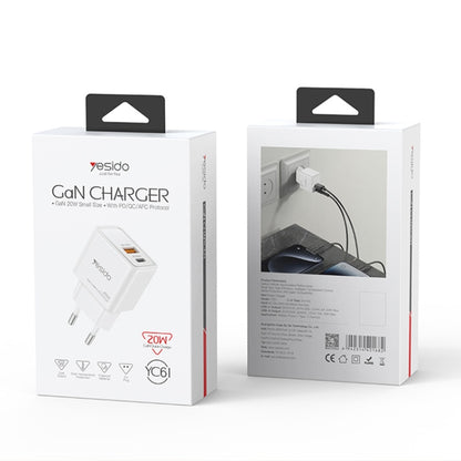 شاحن Yesido YC61 الذكي بقوة 20 واط - تقنية GaN المتقدمة بمنفذين (USB-A + Type-C)