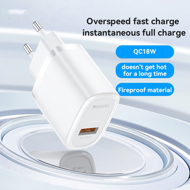 شاحن جداري Yesido YC66 السريع بقوة 18 واط - منفذ USB-A يدعم تقنية QC 3.0