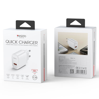 شاحن جداري Yesido YC66 السريع بقوة 18 واط - منفذ USB-A يدعم تقنية QC 3.0