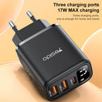Yesido YC67 17W Home Charger – Triple Port (Dual USB + Type-C) with Digital Display