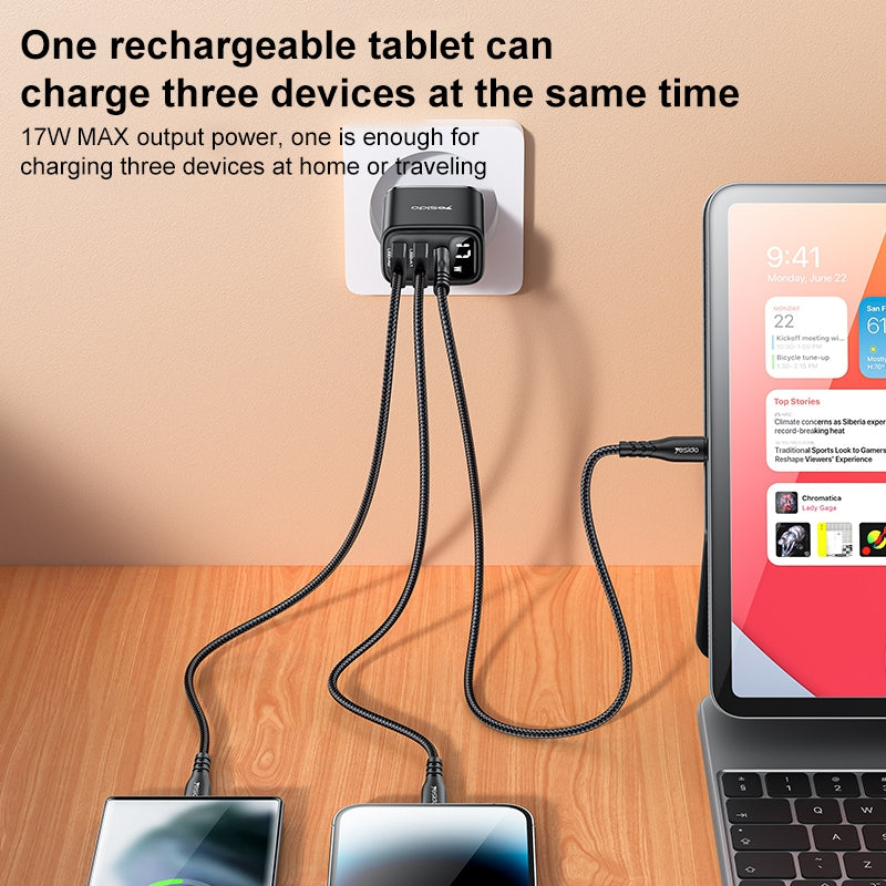 شاحن Yesido YC67 الذكي بقوة 17 واط - 3 منافذ (2x USB + Type-C) مع شاشة عرض رقمية
