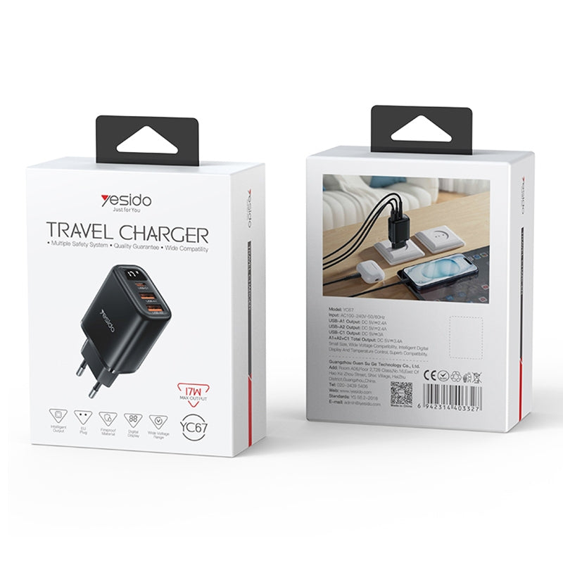 شاحن Yesido YC67 الذكي بقوة 17 واط - 3 منافذ (2x USB + Type-C) مع شاشة عرض رقمية