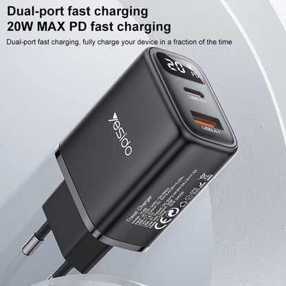 شاحن Yesido YC68 الذكي بقوة 20 واط - منفذين (USB + Type-C) مع شاشة عرض رقمية لمراقبة الشحن