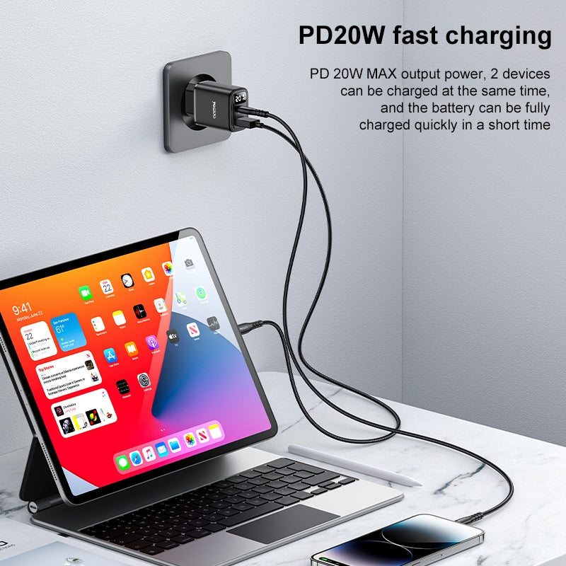 شاحن Yesido YC68 الذكي بقوة 20 واط - منفذين (USB + Type-C) مع شاشة عرض رقمية لمراقبة الشحن