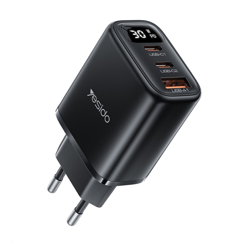 شاحن Yesido YC69 الذكي بقوة 30 واط - 3 منافذ (USB + 2x Type-C) مع شاشة عرض رقمية