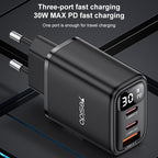 Yesido YC69 30W Fast Wall Charger – Triple Port (USB + Dual Type-C) with Digital Display