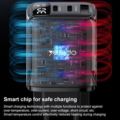 شاحن Yesido YC69 الذكي بقوة 30 واط - 3 منافذ (USB + 2x Type-C) مع شاشة عرض رقمية