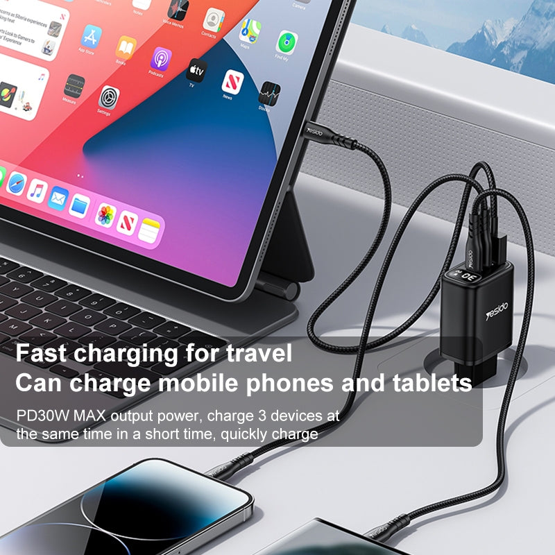 شاحن Yesido YC69 الذكي بقوة 30 واط - 3 منافذ (USB + 2x Type-C) مع شاشة عرض رقمية