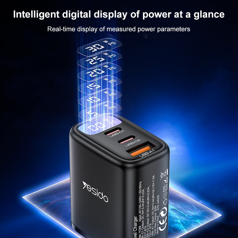 شاحن Yesido YC69 الذكي بقوة 30 واط - 3 منافذ (USB + 2x Type-C) مع شاشة عرض رقمية
